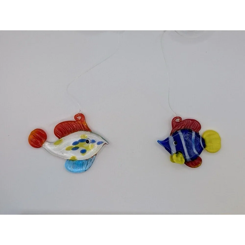 Lot of 2 LS Arts Blown Glass Floating Fish w Bubble Tropical Tank Aquarium Decor